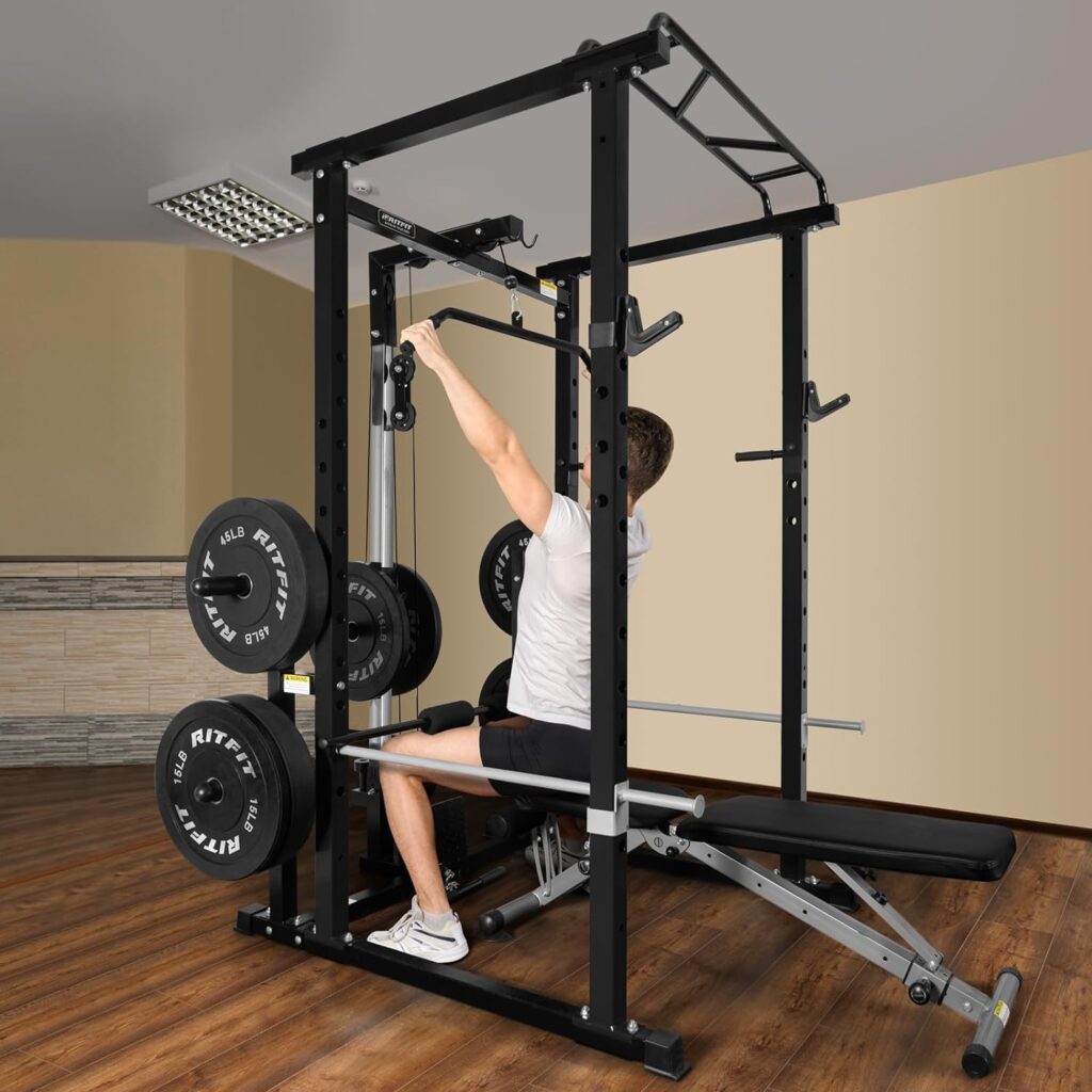 RitFit Power Cage with Optional LAT PullDown/Cable Crossover/Smith Machine System, 1000LB Squat Rack for Home Garage Gym, with Weight Storage Rack and More Training Attachments, ASTM-Certified