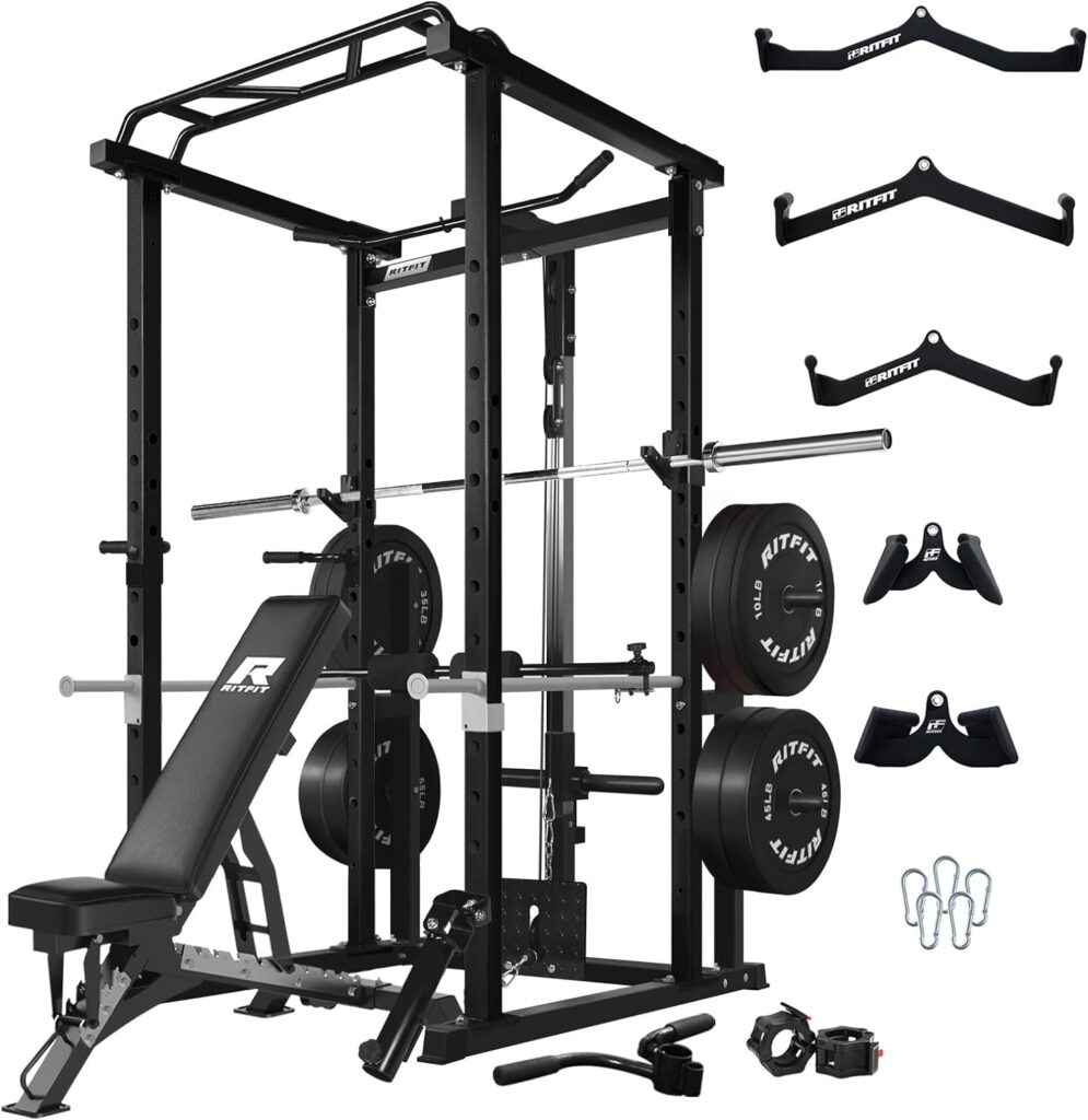 RitFit Power Cage with Optional LAT PullDown/Cable Crossover/Smith Machine System, 1000LB Squat Rack for Home Garage Gym, with Weight Storage Rack and More Training Attachments, ASTM-Certified