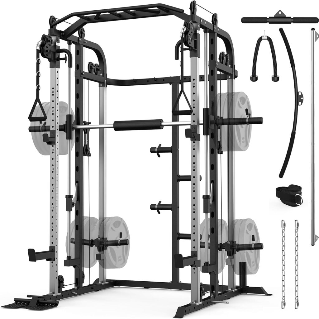 Smith Machine, Multifunctional Power Cage Rack with Smith Bar and Cable Pulley System, and LAT Pull Down Machine for Home Gym