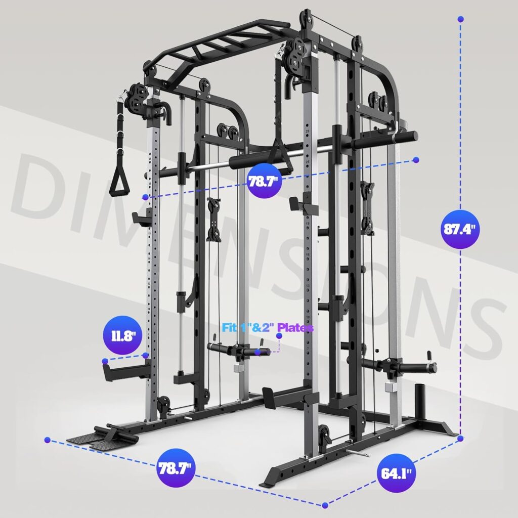 Smith Machine, Multifunctional Power Cage Rack with Smith Bar and Cable Pulley System, and LAT Pull Down Machine for Home Gym