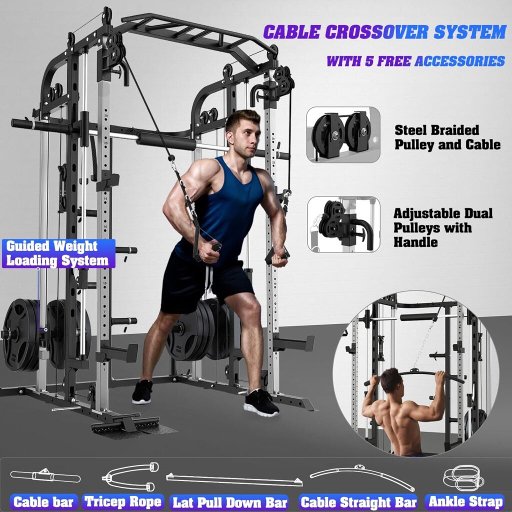 Smith Machine, Multifunctional Power Cage Rack with Smith Bar and Cable Pulley System, and LAT Pull Down Machine for Home Gym