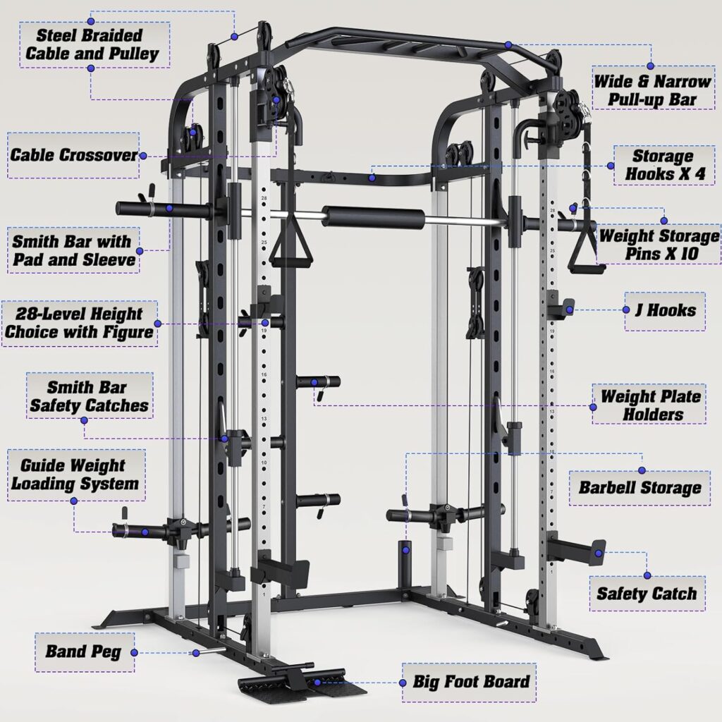 Smith Machine, Multifunctional Power Cage Rack with Smith Bar and Cable Pulley System, and LAT Pull Down Machine for Home Gym