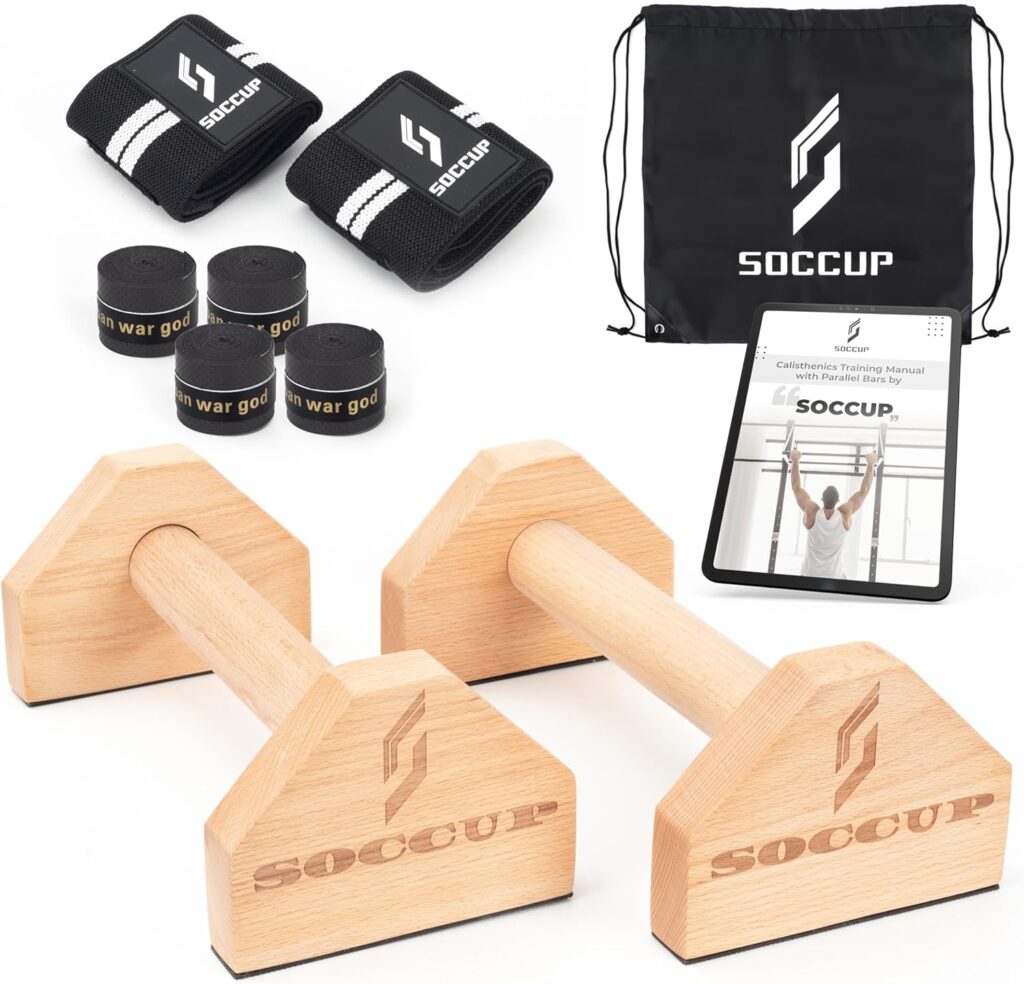 SOCCUP Push Up Handles for Floor – Wooden Parallettes Bars Calisthenics Equipment with Bar Bag, Wrist Wraps, Anti-Slip Tape – Solid Beech Wood Parallel Bars – Calisthenics Bars for Handstand, Pushups, Dips