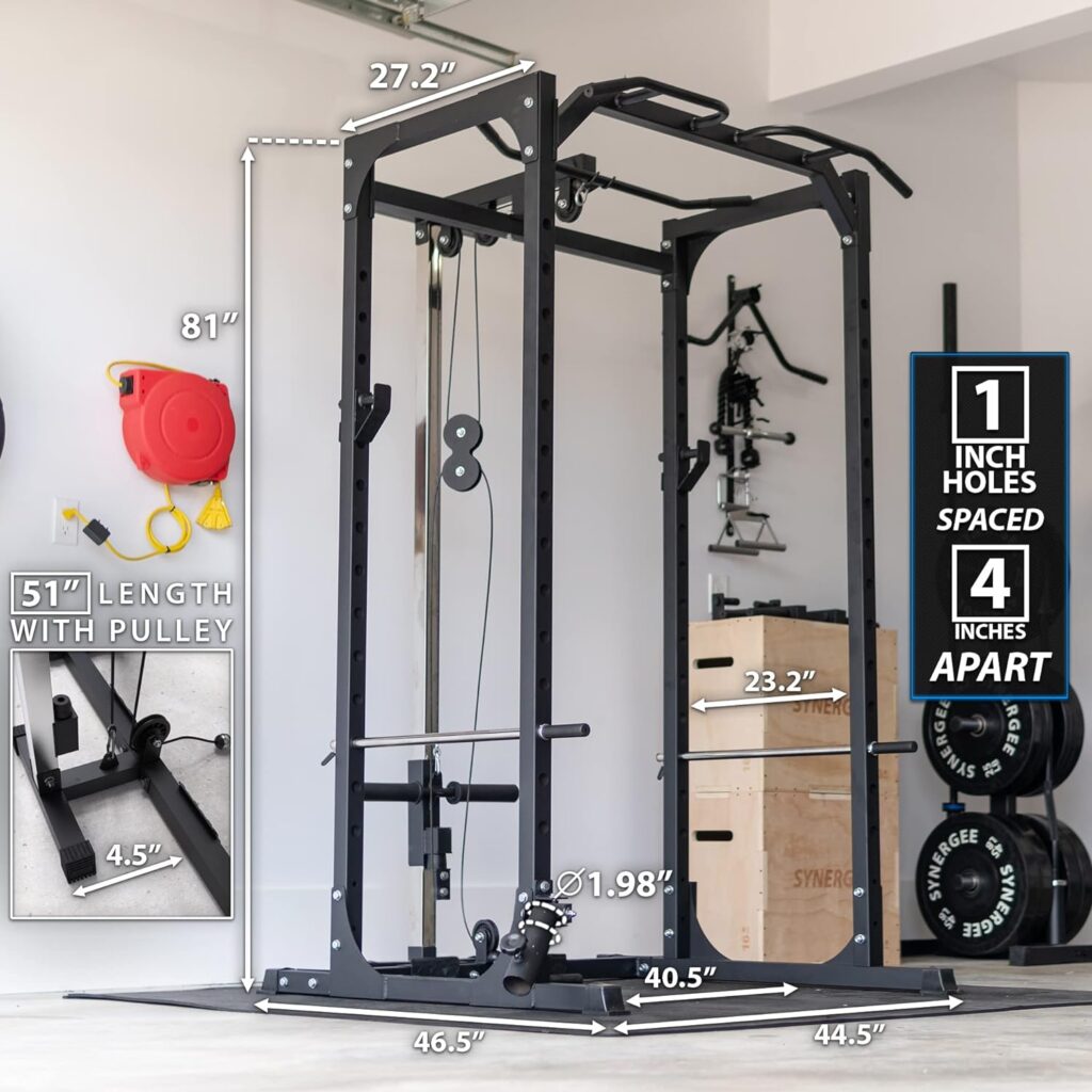 Synergee Power Rack Cage with Pulley System, J-Cups, Safety Arms, Pull Up Bar, Landmine T Bar, Barbell Hold, Dip Station, Lat Bar Straight Bar. Exercise Stand with 750lb Capacity.