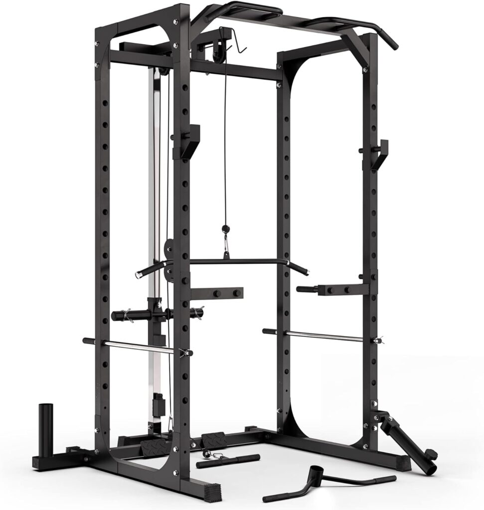 Synergee Power Rack Cage with Pulley System, J-Cups, Safety Arms, Pull Up Bar, Landmine T Bar, Barbell Hold, Dip Station, Lat Bar Straight Bar. Exercise Stand with 750lb Capacity.