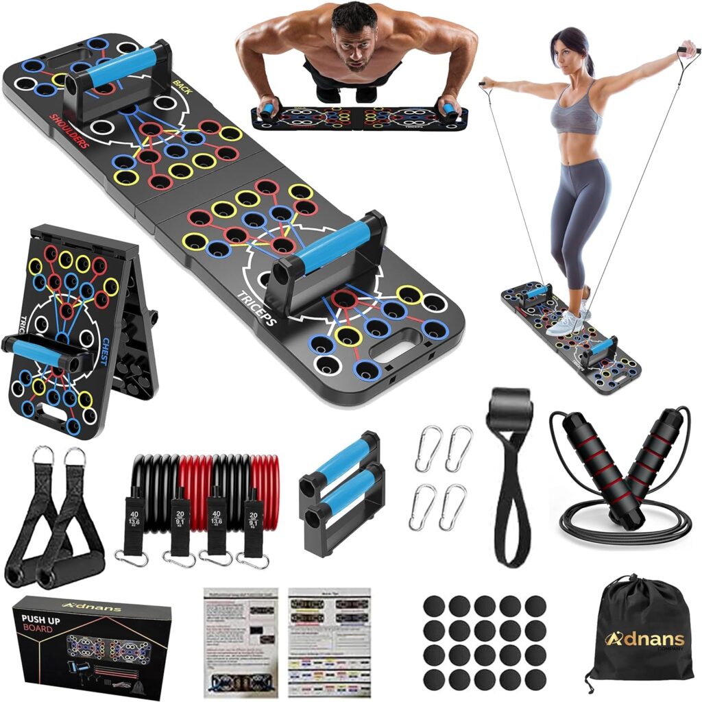 Upgraded Foldable Push up Board - Multi-Functional 54 in 1 Push Up Bar, Resistance Bands with Handles and Jumping Rope, at Home Workout Equipment for Perfect Push Up