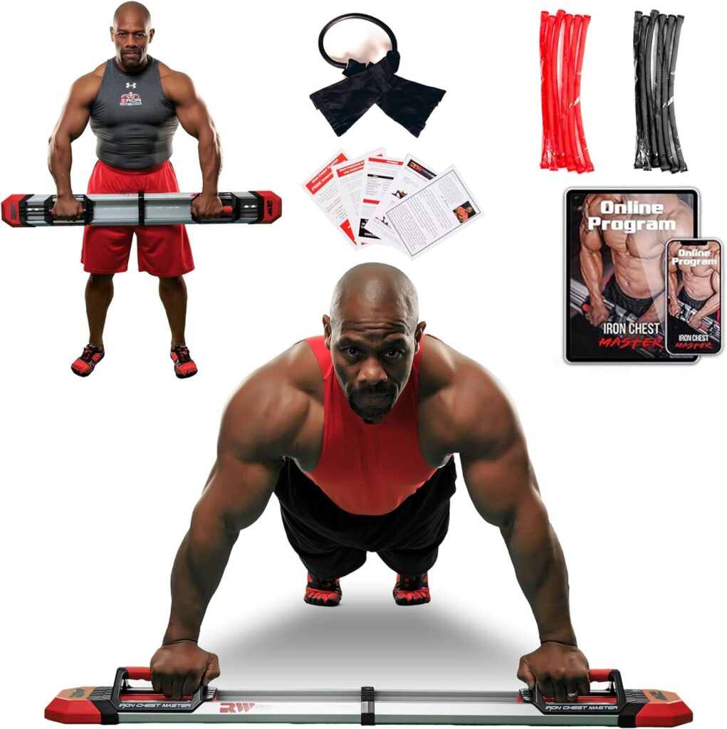 IRON CHEST MASTER Push Up Machine | Home Fitness Equipment for Chest Workouts | Home Gym Equipment Includes Adjustable Resistance Bands and a Unique Fitness Program