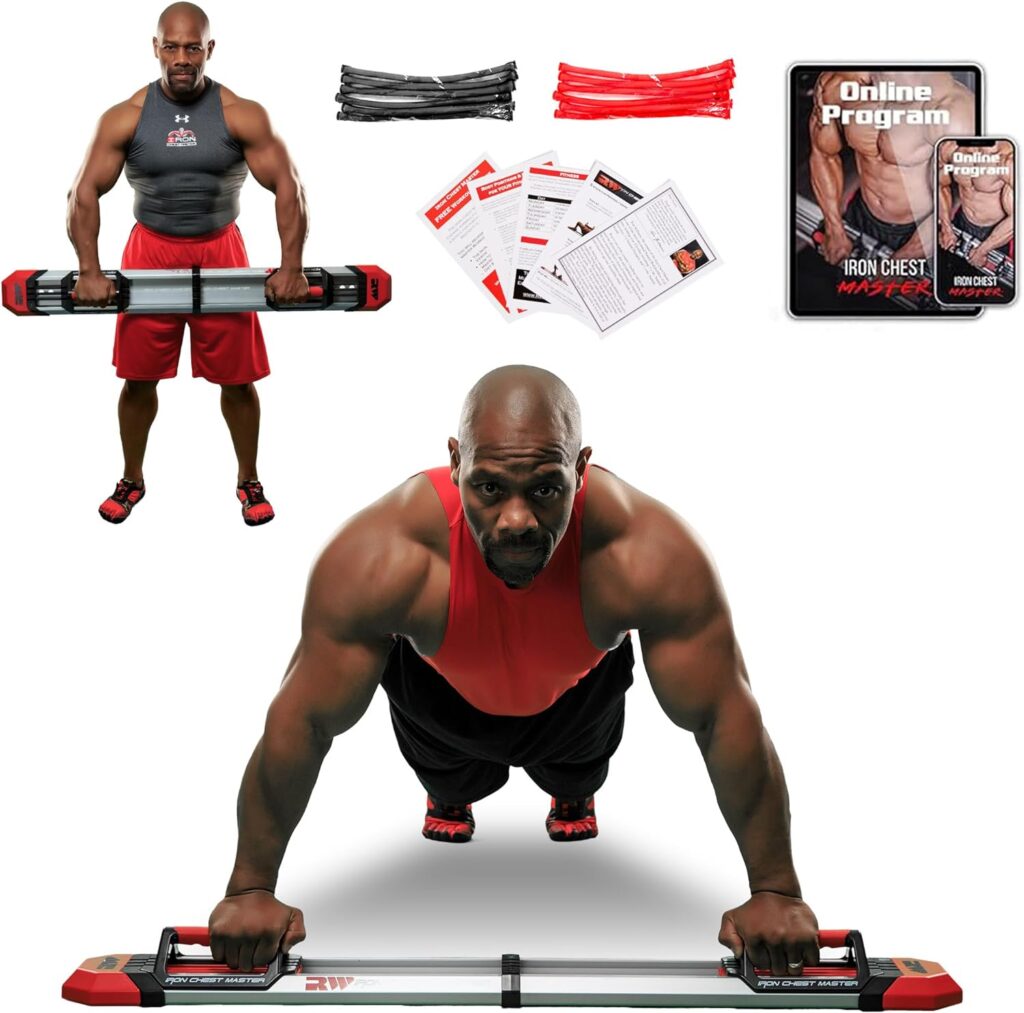 IRON CHEST MASTER Push Up Machine | Home Fitness Equipment for Chest Workouts | Home Gym Equipment Includes Adjustable Resistance Bands and a Unique Fitness Program