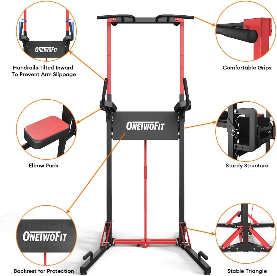 ONETWOFIT Power Tower Pull Up Bar Station, Multi-Function Adjustable Height Foldable Dip Station for Home Gym Workout, Heavy Duty Strength Training Fitness Equipment, Pull Up Stand 400LBS