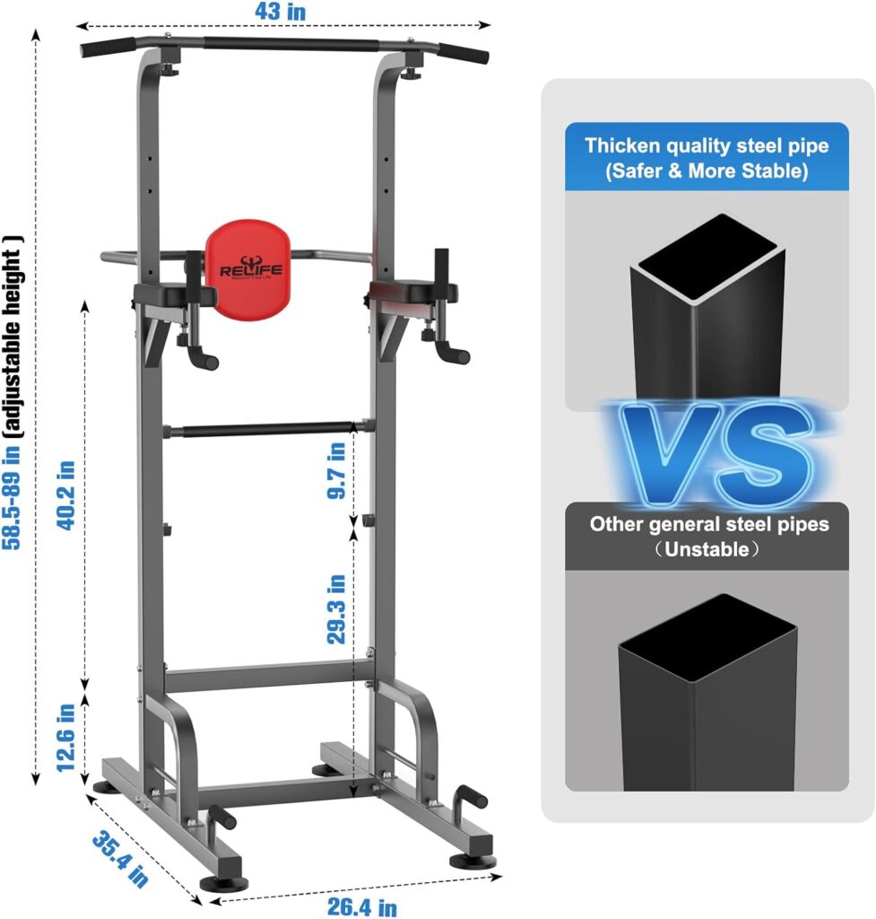 RELIFE REBUILD YOUR LIFE Power Tower Pull Up Bar Station Workout Dip Station for Home Gym Strength Training Fitness Equipment Newer Version,450LBS.